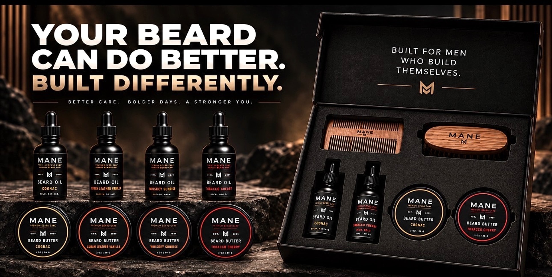 MANE beard oil and beard butter lineup, and the premium gifting kit with comb and brush